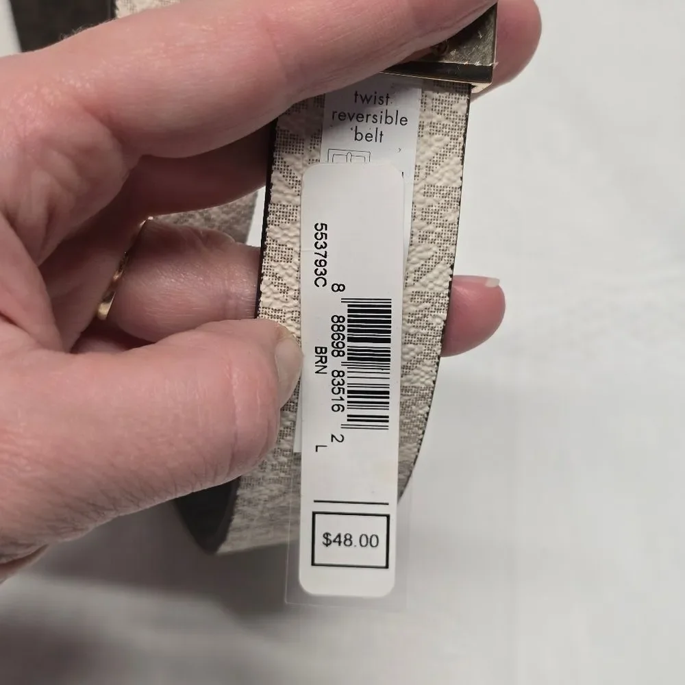 Michael Kors Women's Twist Reversible Logo Vegan Leather Belt Brown Cream L NWT
